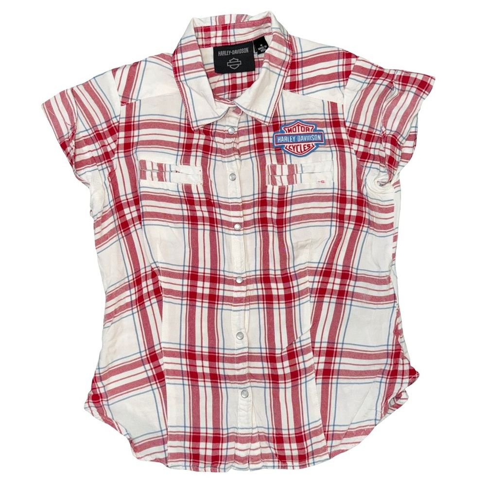 Harley Davidson Land of Liberty Pearl Snap‎ Button-Up Red Plaid Women's shirt M